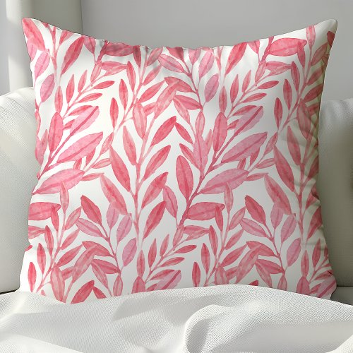 Girly Pink Watercolor Leafy Vines Pattern Throw Pillow