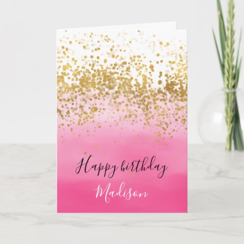 Girly Pink Watercolor Ombre Gold Confetti Card
