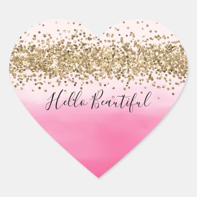 Girly Pink Watercolor Ombre Gold Glitter Glitz  Heart Sticker (Front)