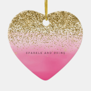 Girly Pink Watercolor Ombre Gold Glitzy Glitter Ceramic Ornament