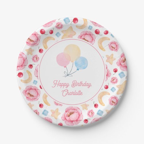 Girly Pink Watercolor Peony Floral Birthday Paper Plates