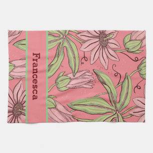 Girly Pink Watercolor Pressed Flowers Pattern Name Kitchen Towel
