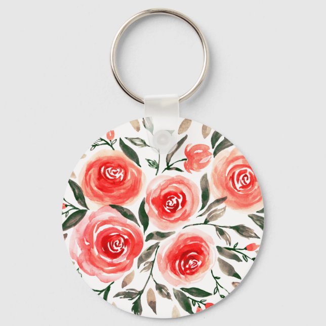 Girly Pink Watercolor Roses Illustration Keychain (Front)