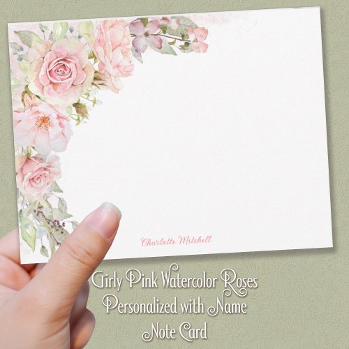 Girly Pink Watercolor Roses Personalized with Name Note Card