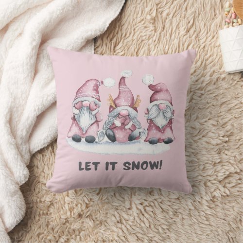Girly Pink Watercolor Scandinavian Christmas Gnome Throw Pillow