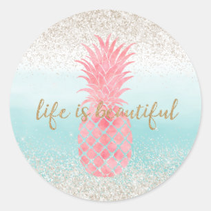 Girly Pink Watercolor Tropical Pineapple Classic Round Sticker
