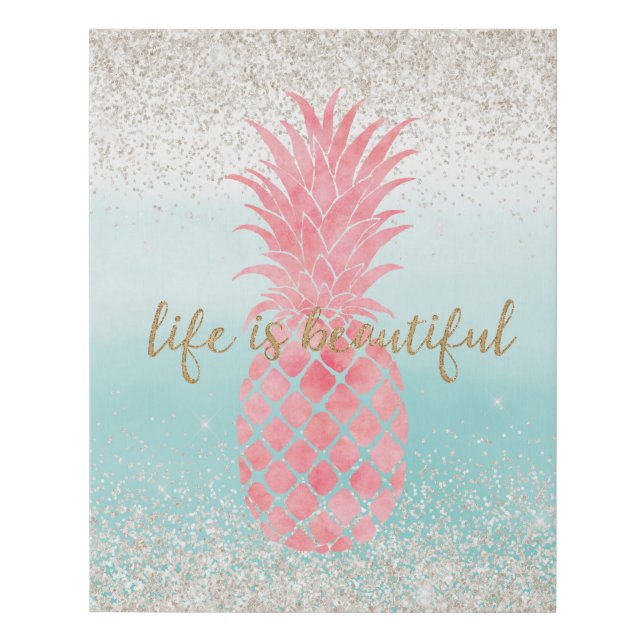 Girly Pink Watercolor Tropical Pineapple Faux Canvas Print (Front)