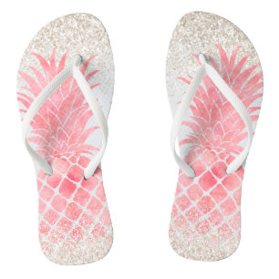Girly Pink Watercolor Tropical Pineapple Flip Flops