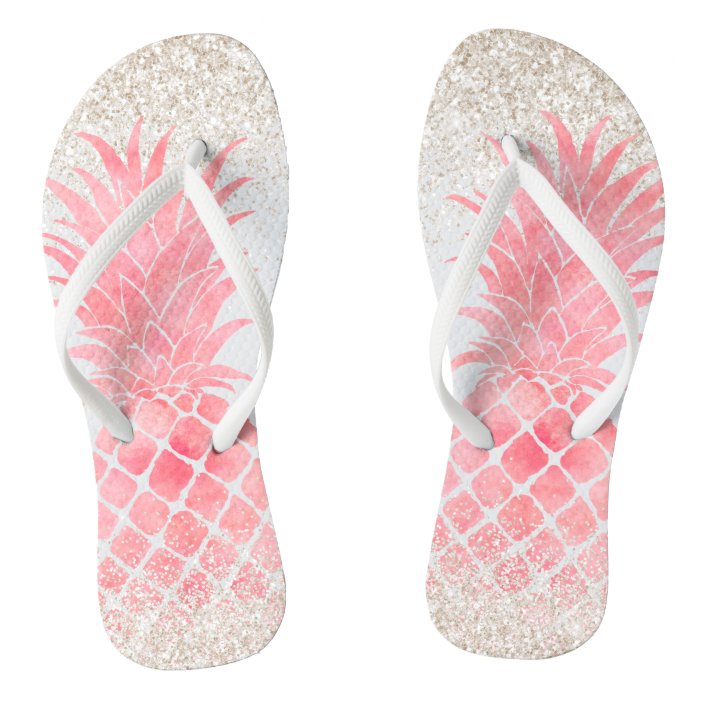 Girly Pink Watercolor Tropical Pineapple Flip Flops