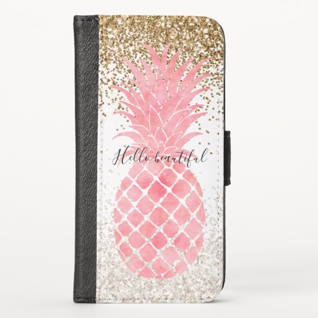 Girly Pink Watercolor Tropical Pineapple iPhone Wallet Case (Front)