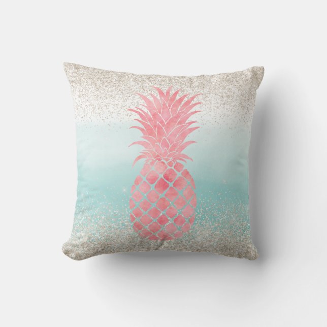 Girly Pink Watercolor Tropical Pineapple Throw Pillow (Front)