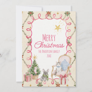 Girly Pink Whimsical Cute Puppy Cat Warm Christmas Holiday Card