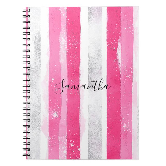 Girly Pink White Abstract Stripes Notebook (Front)