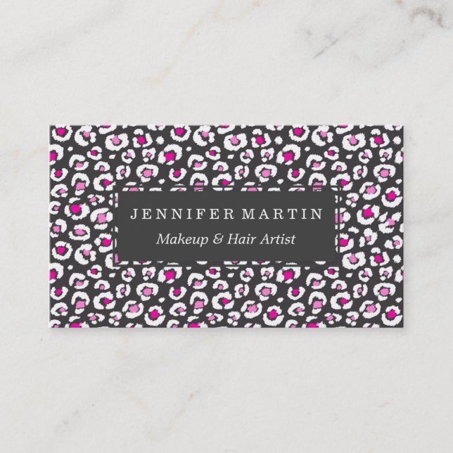 Girly Pink White and Black Leopard Print Business Card (Front)