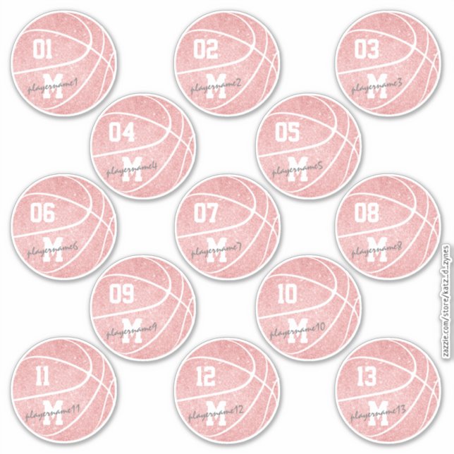 girly pink white basketball 13 players names sticker (Front)