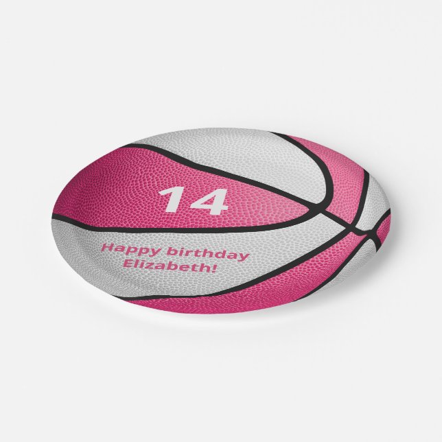 girly pink white basketball birthday party paper plates (Angled)