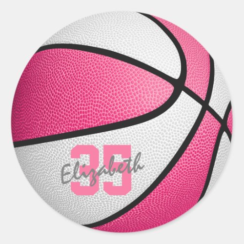 girly pink white basketball classic round sticker