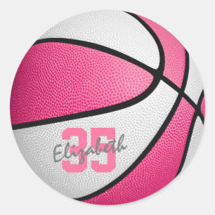 girly pink white basketball classic round sticker