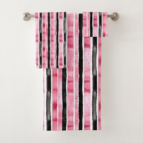 Girly Pink White Black Stripes Bath Towel Set