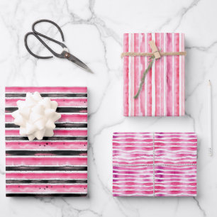 Girly Pink White Black Stripes Birthday Wrapping Paper Sheets