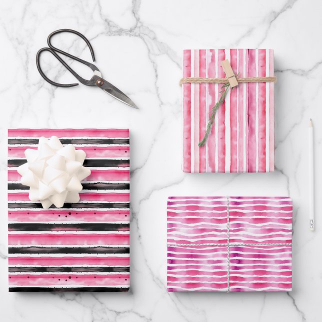 Girly Pink White Black Stripes Birthday Wrapping Paper Sheets (Front)