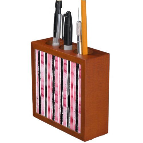 Girly Pink White Black Stripes Desk Organizer