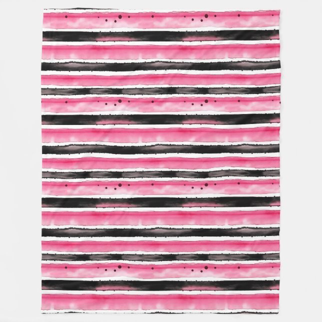 Girly Pink White Black Stripes Fleece Blanket (Front)