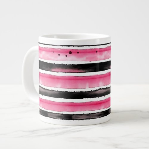 Girly Pink White Black Stripes Giant Coffee Mug