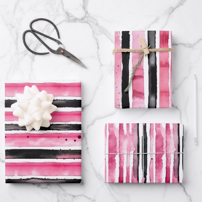Girly Pink White Black Stripes Wrapping Paper Sheets (Front)