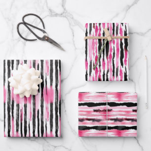 Girly Pink White Black Whimsical Stripes Birthday Wrapping Paper Sheets