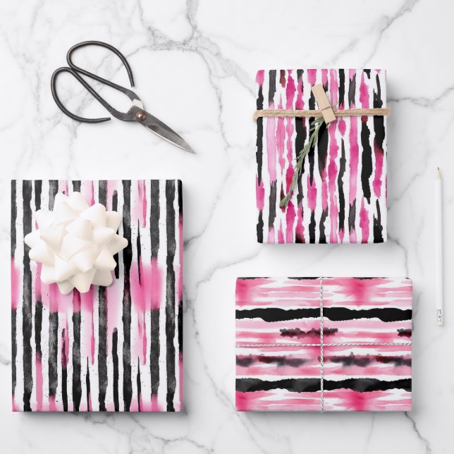 Girly Pink White Black Whimsical Stripes Birthday Wrapping Paper Sheets (Front)