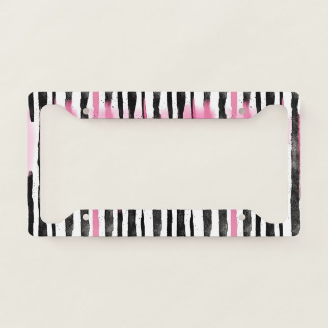 Girly Pink White Black Zebra Stripes License Plate Frame (Front)