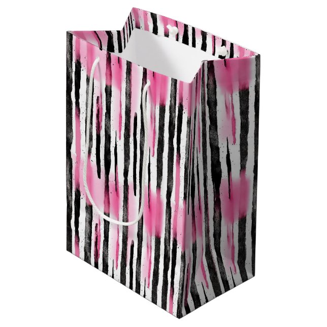 Girly Pink White Black Zebra Stripes Medium Gift Bag (Front Angled)