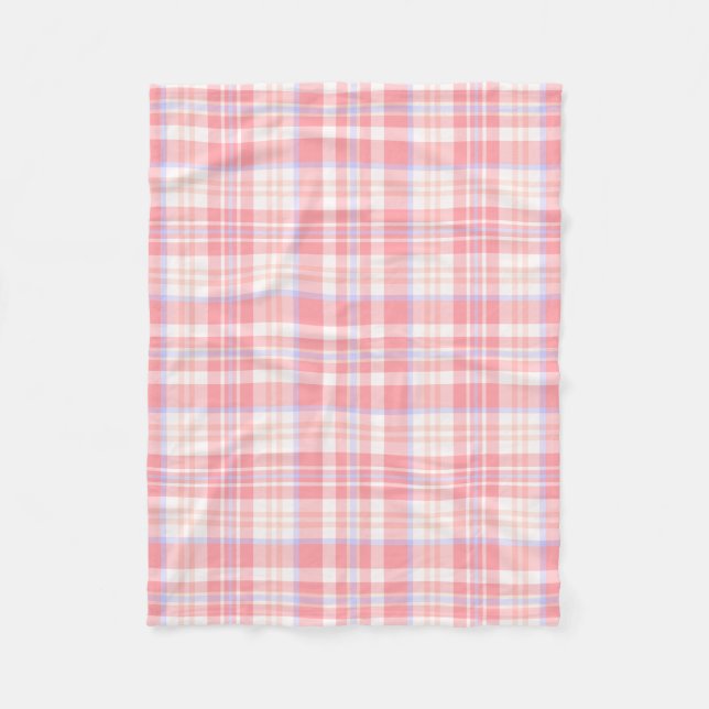 Girly Pink White Blue Plaid | Check Fleece Blanket (Front)