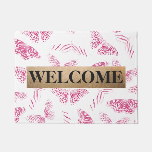 Girly Pink White Butterflies Watercolor Monogram Doormat