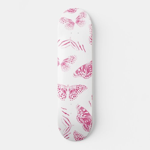 Girly Pink White Butterflies Watercolor Pattern Skateboard