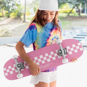 Girly Pink White Checkered Racing Flag Monogram Skateboard