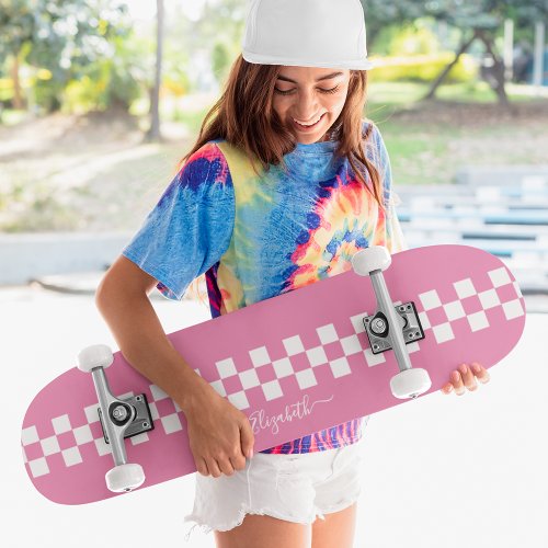 Girly Pink White Checkered Racing Flag Monogram Skateboard