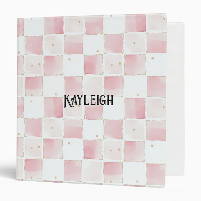 Girly Pink White Chic Squares 3 Ring Binder (Front/Inside)