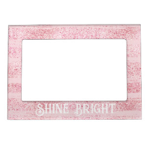 Girly Pink White Faux Glitter Stripes Magnetic Frame