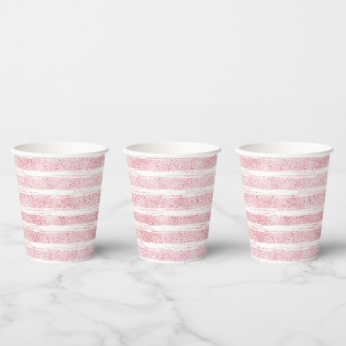 Girly Pink White Faux Glitter Stripes  Paper Cups