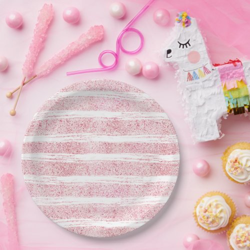 Girly Pink White Faux Glitter Stripes  Paper Plates