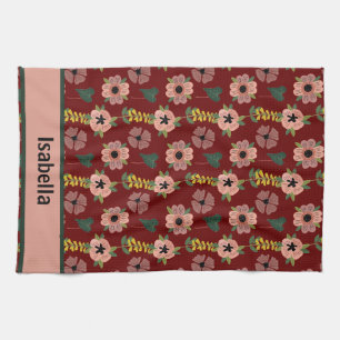 Girly Pink White Flowers Botanical Pattern Name Kitchen Towel