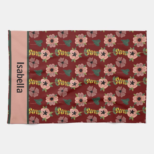Girly Pink White Flowers Botanical Pattern Name  Kitchen Towel (Horizontal)