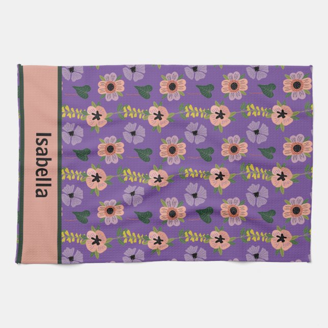 Girly Pink White Flowers Botanical Pattern Name  Kitchen Towel (Horizontal)