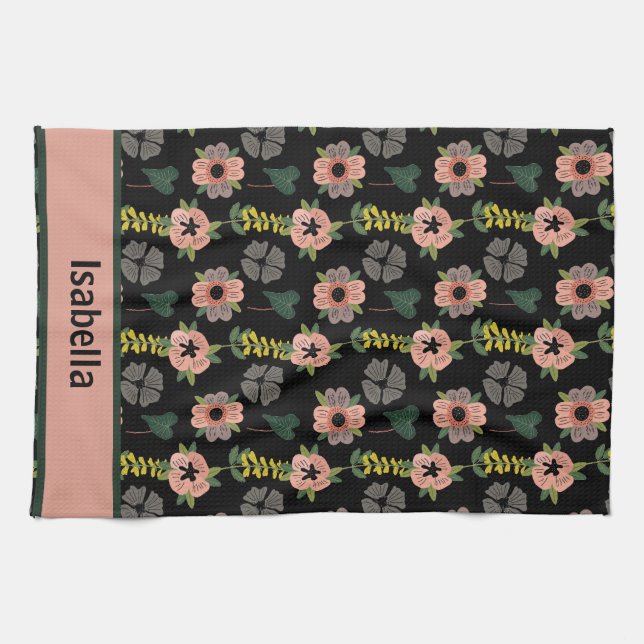 Girly Pink White Flowers Botanical Pattern Name  Kitchen Towel (Horizontal)