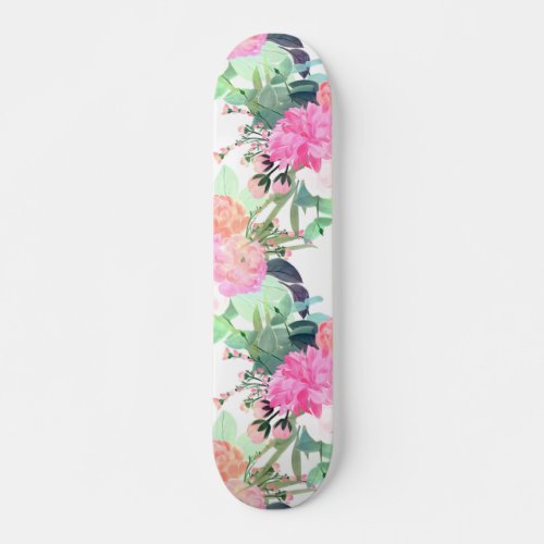 Girly Pink  White Flowers Watercolor Paint Skateboard