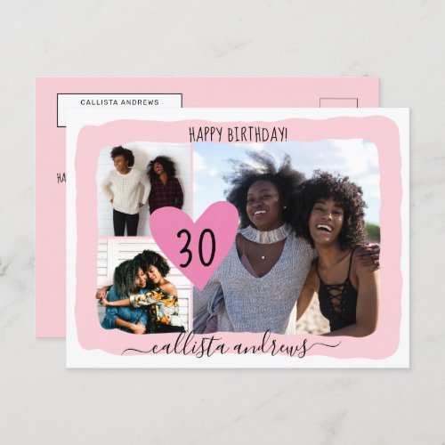Girly Pink White Four Photo Collage Happy Birthday Holiday Postcard