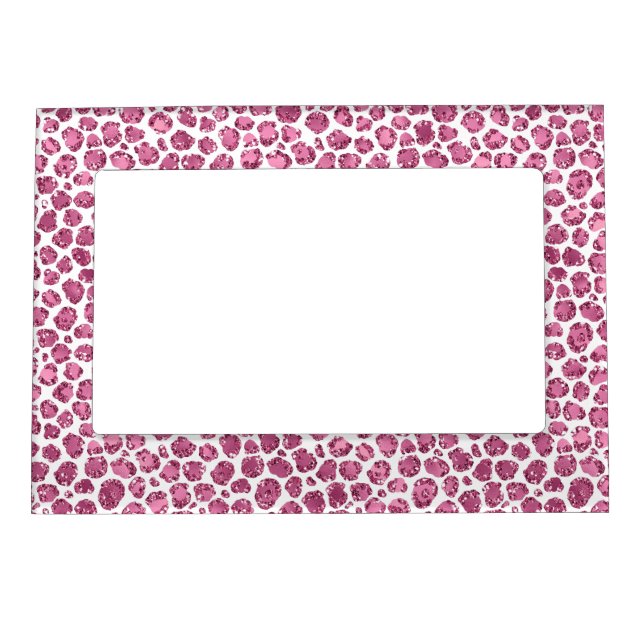 Girly Pink White Glam Glitter Leopard Print   Magnetic Frame (Front)
