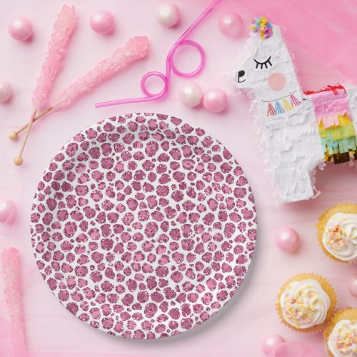 Girly Pink White Glam Glitter Leopard Print   Paper Plates